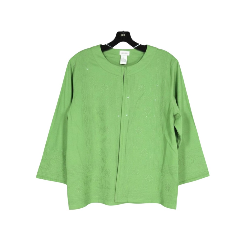 TANTRUMS Green TWILL SEQUIN FLORAL EMBROIDERED 1-Hook & Eye JACKET CARDIGAN Sz L